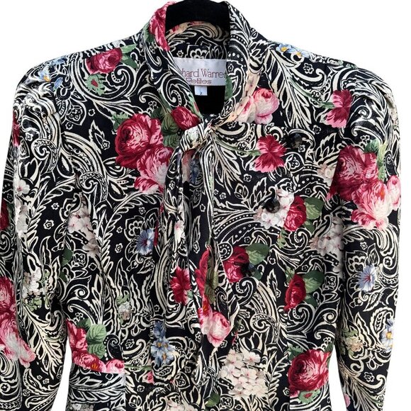 Richard Warren Petites Vintage Floral Print Long-Sleeve Tie Neck Peplum Blazer 2 - Picture 2 of 11